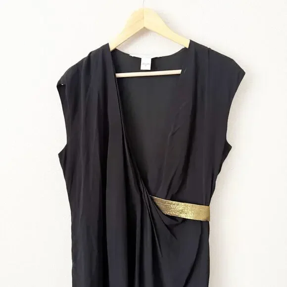 DIANE VON FURTSTENBERGEvangeline Black Wrap Sheath Dress Gold Waist10